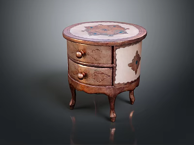 Brown And White Bedside Table With Round Top Decorative Patterns Two Drawers And Curved Legs 3d model
