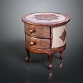 Brown And White Bedside Table With Round Top Decorative Patterns Two Drawers And Curved Legs