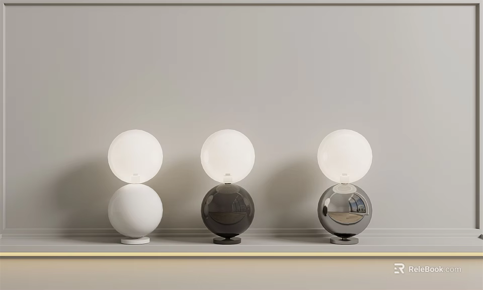 Three Double Sphere Design Table Lamps in White Dark Gray and Silver on Light Shelf 3d model 