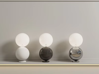 Three Double Sphere Design Table Lamps in White Dark Gray and Silver on Light Shelf 3d model