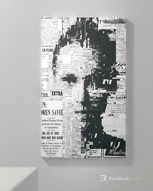 Black And White Newspaper Collage Art With Green Save Text Elements 3d model