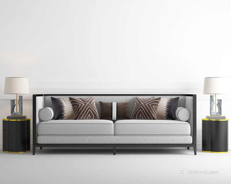 Gray Loveseat with Decorative Pillows and Table Lamps on Black Side Tables Against White Wall 3d model 