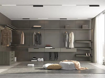 Modern Walk-in Closet Interior With Gray Cabinets Hanging Clothes Folded Storage And Shoes Bags 3d model