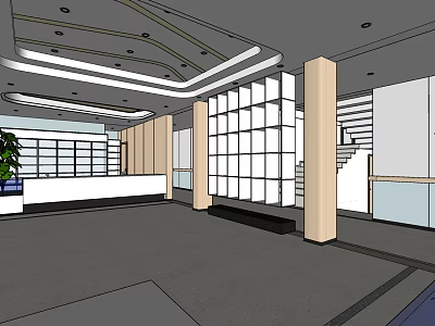 Modern Lobby Interior With Reception Desk Glass Partitions Columns And Staircase 3d model