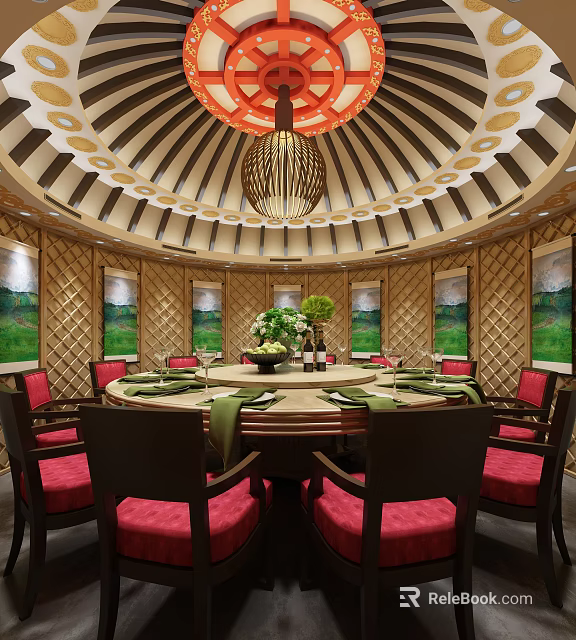 Private Dining Room Circular Dome Chandelier Round Dining Table Red Chairs Green Napkins Landscape Paintings 3d model 