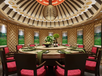 Private Dining Room Circular Dome Chandelier Round Dining Table Red Chairs Green Napkins Landscape Paintings 3d model