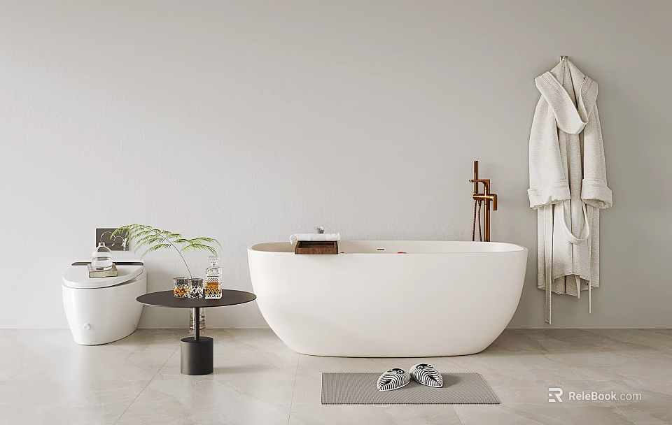 Modern Freestanding Bathtub With White Bathrobe Toilet Small Table Plant Slippers Gray Mat 3d model 