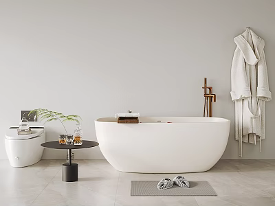 Modern Freestanding Bathtub With White Bathrobe Toilet Small Table Plant Slippers Gray Mat 3d model