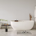 Modern Freestanding Bathtub With White Bathrobe Toilet Small Table Plant Slippers Gray Mat