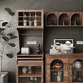 Wooden Sideboard With Open Shelves Closed Cabinets Wine Bottles And Decorative Items