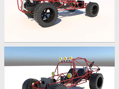 Red Off Road Buggy With Open Frame Large Tires And Headlights 3d model