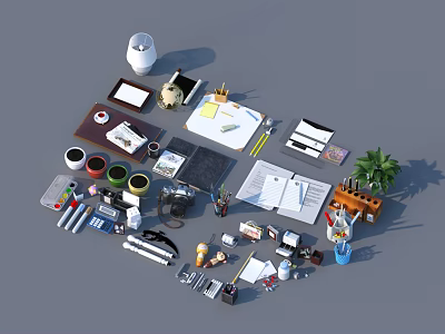 Various Office Supplies Including Notebooks Pens Camera Desk Lamp And Potted Plant 3d model