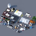 Various Office Supplies Including Notebooks Pens Camera Desk Lamp And Potted Plant