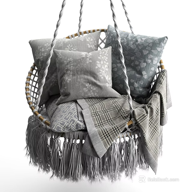 Cozy Woven Hanging Chair With Soft Patterned Pillows And Plaid Blanket 3d model 