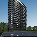 Modern High Rise Residential Building With Swimming Pool Cherry Blossom Trees And Blue Sky