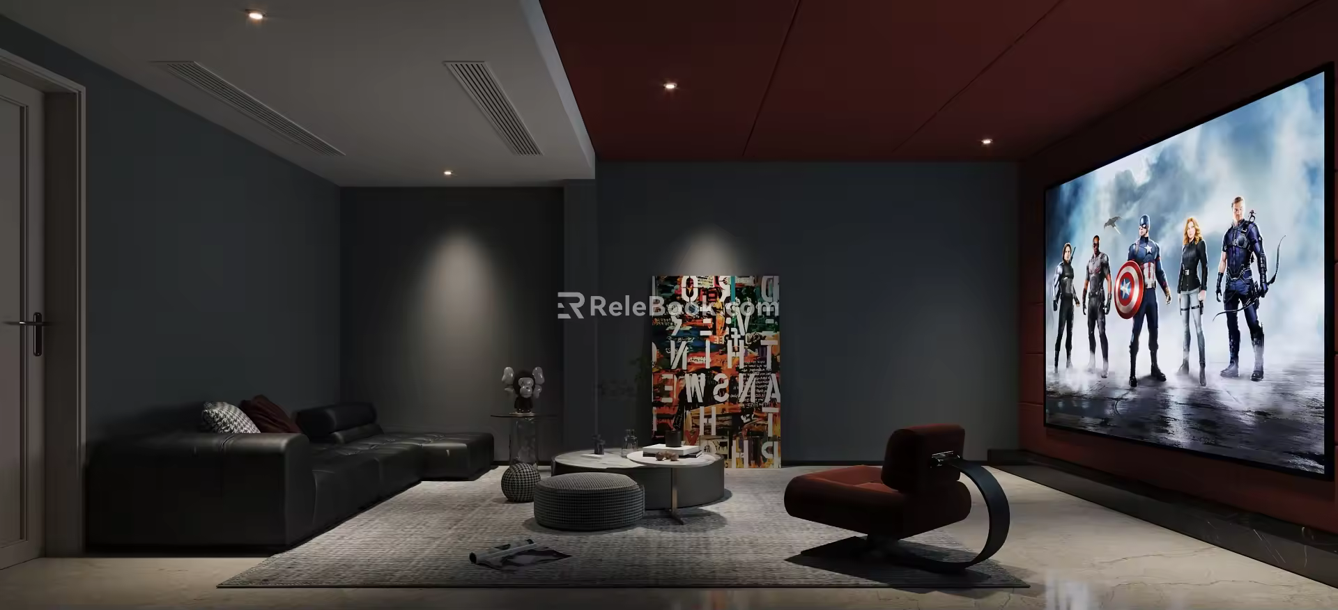 Video room sofa coffee table single sofa abstract painting curtain 3d model