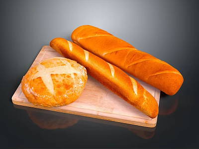 Freshly Baked Golden Round Bread And Crispy Baguette On Wooden Board 3d model