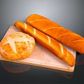 Freshly Baked Golden Round Bread And Crispy Baguette On Wooden Board