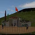 Scenic Garden Landscape With Red Star Monument Red Flag Green Trees And Wooden Platform