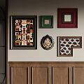 Wall Decor With Various Framed Artworks Abstract Patterns And Wooden Paneling 3d model