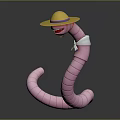 Pink Cartoon Worm With Yellow Hat And White Scarf On Gray Background With Reflection
