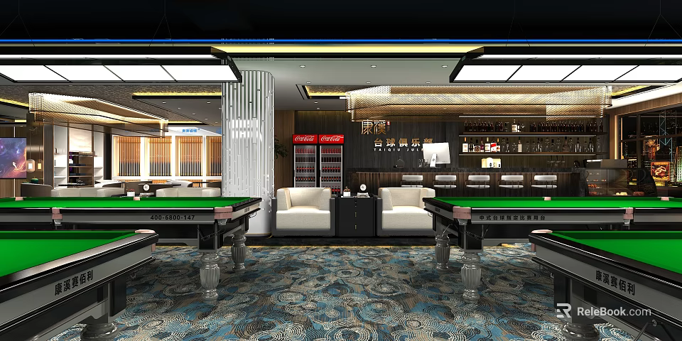 Modern Billiard Room Interior With Green Felt Tables White Sofas Bar Counter And Patterned Carpet 3d model 