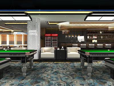 Modern Billiard Room Interior With Green Felt Tables White Sofas Bar Counter And Patterned Carpet 3d model