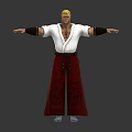 Blonde Male Character In White Top Red Pants Black Belt Stretching Arms Against Grey Background 3d model