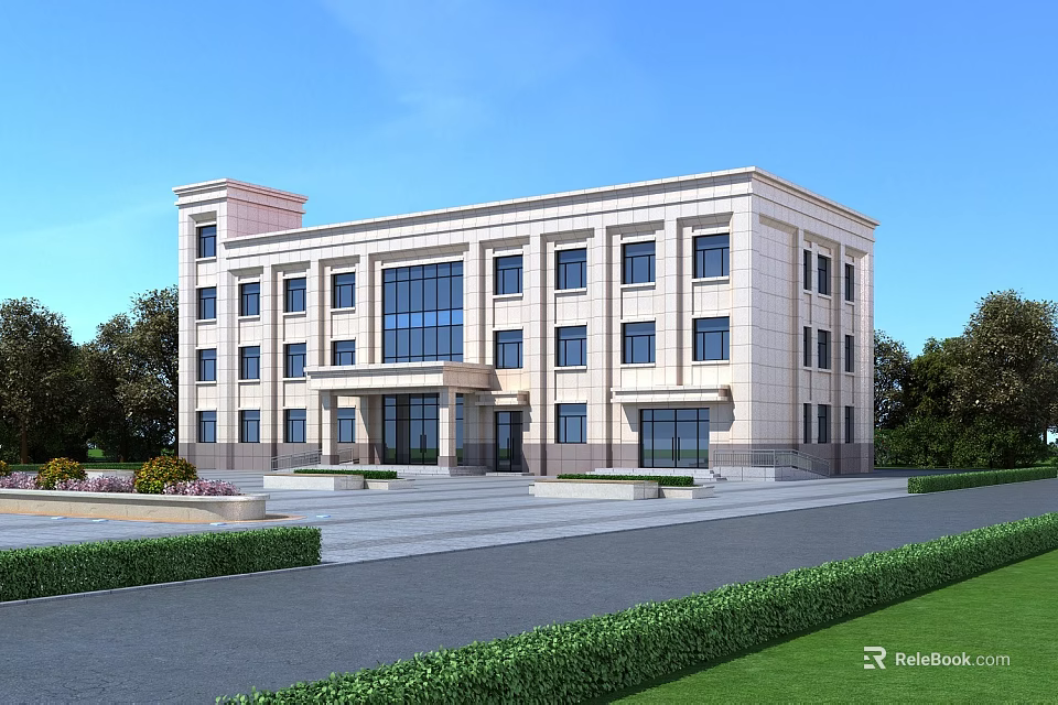 Modern Office Building Exterior With Large Glass Windows Green Trees And Lawn Landscape 3d model 