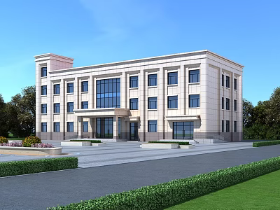 Modern Office Building Exterior With Large Glass Windows Green Trees And Lawn Landscape 3d model