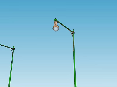 Outdoor Light With Green Pole Curved Arm And Clear Bulb Against Blue Sky 3d model