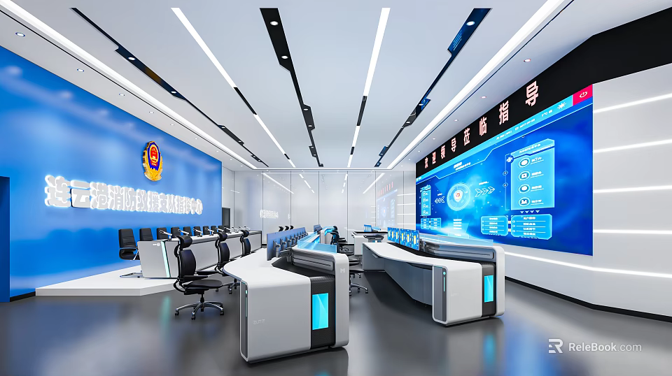 Modern Command Dispatch Control Room With Multiple Monitoring Screens And Control Consoles 3d model 