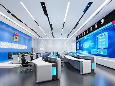 Modern Command Dispatch Control Room With Multiple Monitoring Screens And Control Consoles 3d model