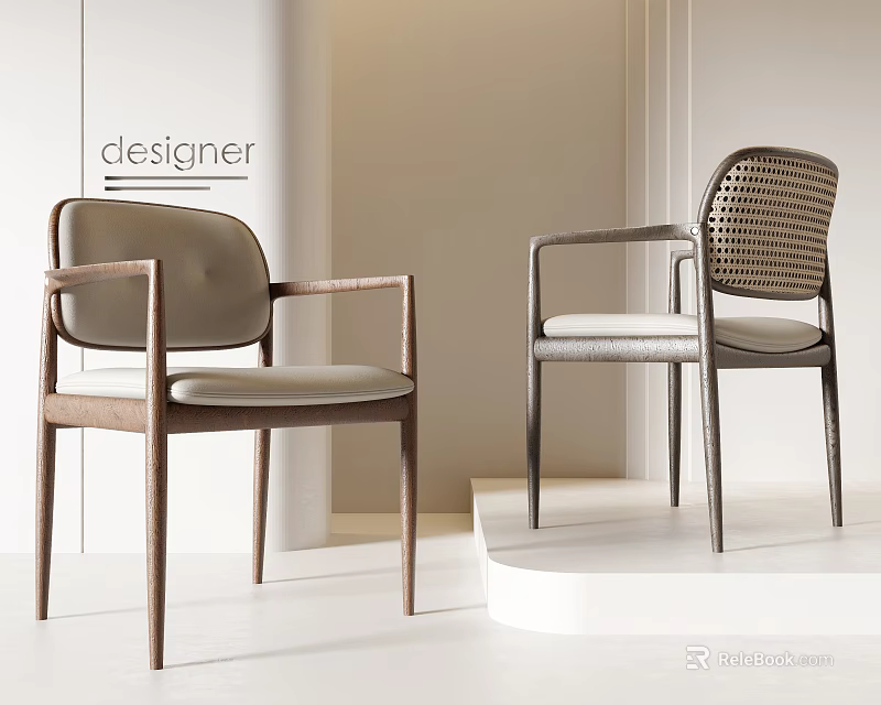 Designer Modern Single Chairs With Leather Seats Woven Backrests And Wooden Frames 3d model 