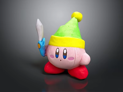 Pink Plush Toy With Green Yellow Hat On Gray Wooden Table Surface 3d model
