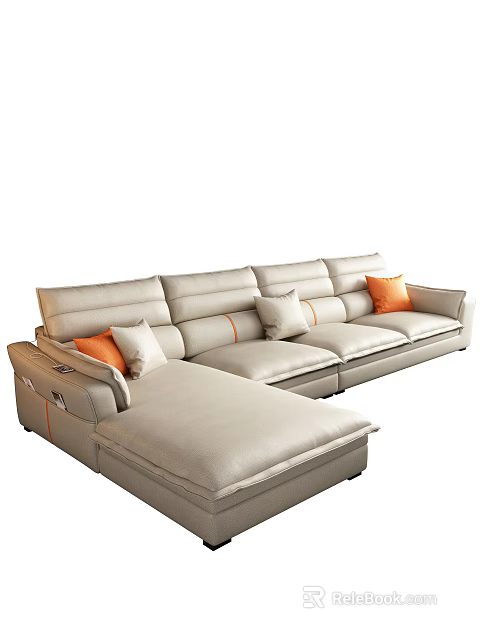Modern Light Gray Sectional Sofa With Orange Pillows And Comfortable Cushions 3d model