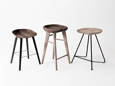 Modern Wooden Bar Stools Featuring Various Designs And Black Metal Wooden Legs 3d model