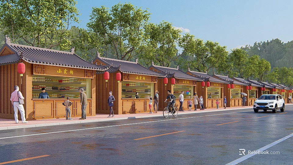 Traditional Chinese Style Street Market With Wooden Shops Red Lanterns Pedestrians And Green Trees 3d model 