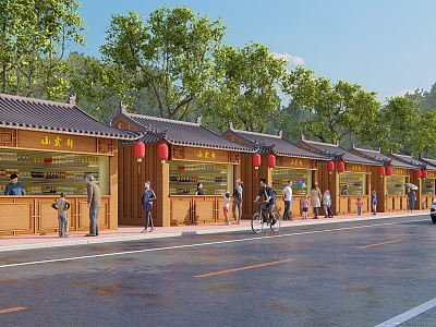 Traditional Chinese Style Street Market With Wooden Shops Red Lanterns Pedestrians And Green Trees 3d model