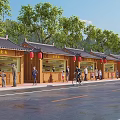 Traditional Chinese Style Street Market With Wooden Shops Red Lanterns Pedestrians And Green Trees