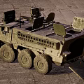 Military Utility Vehicle With Desert Camouflage Multi Wheeled Design Roof Mounted Weapons And Sensors