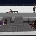 Outdoor Chairs On Beach With People Sitting Under Blue Sky And Railing Wall