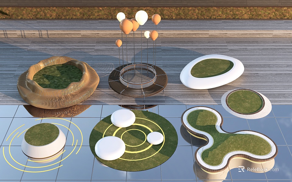 Modern Landscape Seats with Geometric Shapes and Grass Surfaces on Wooden Deck 3d model 