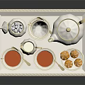 Elegant Tableware Set with Teapot Teacups Milk Jug Sugar Bowl and Pastries on Tray