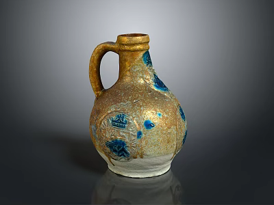 Handcrafted Ceramic Sculpture Vase With Brown Glaze Blue Patterns Handle And White Base 3d model