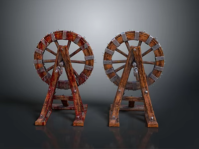 Two Vintage Spoked Wooden Wheels Featuring Metal Accents On Stands 3d model