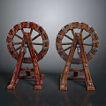 Two Vintage Spoked Wooden Wheels Featuring Metal Accents On Stands