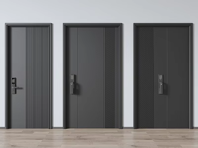 Three Black Swing Doors with Modern Panel Designs Against White Wall And Wooden Floor 3d model