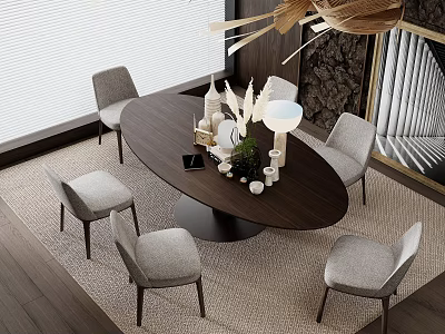 Modern Oval Wooden Dining Table Set With Gray Upholstered Chairs Decorative Items And Chandelier 3d model