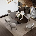Modern Oval Wooden Dining Table Set With Gray Upholstered Chairs Decorative Items And Chandelier